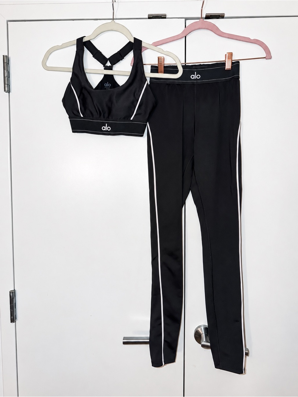 ALO Yoga Black Leggings and Sports Bra Set with White Stripe